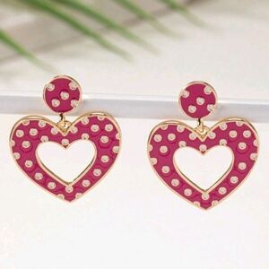 Vibrant Pink and White Podka Dot Heart Pendant Dangle Earrings